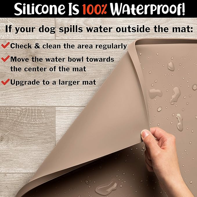 DogBuddy Dog Food Mat – Waterproof Dog Bowl Mat for Food and Water, Silicone Pet Feeding Mats for Floors, Non-Slip Placemat with High Edges for Dogs Bowls, Puppy Essentials (XL: 28" x 18", Taupe)