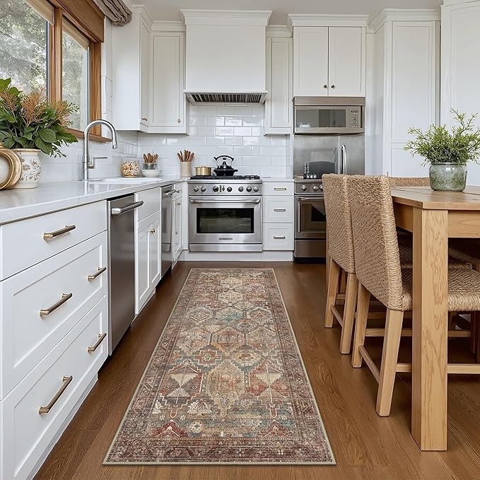 Bavni Runner Rugs 2x5 Kitchen Rug for Hallways Entryway, Washable Vintage Print Carpet, Ultra-Thin Low Pile Lightweight Rug with Non Slip Backing, Reddish Brown