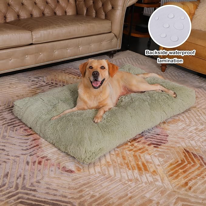 Bedfolks Waterproof XXL Dog Crate Bed, Plush Pad with Removable Cover, Faux Fur, Washable Kennel Bed, 47"x29", Sage Green
