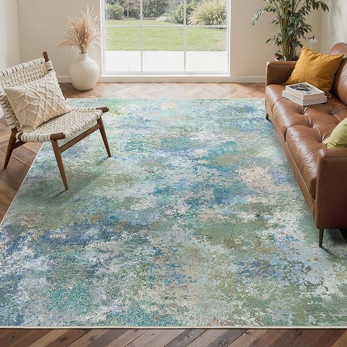 Area Rugs 7'6"x9'6" for Living Room Bedroom, Modern Abstract Machine Washable Rug, Large Soft Low Pile Floor Carpet with Non Slip Backing for Dining Room, Blue Green