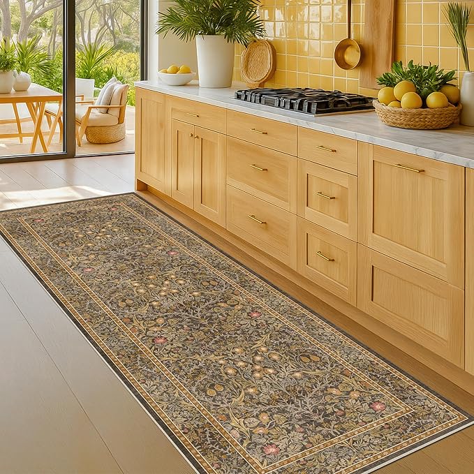 Brown 2'6" x 8' Runners for Hallways Non Slip, Extra Long Floor Runner for Kitchen, Entryway Indoor, Washable Rubber Backing Stain Resistant - Soft Boho Vintage Gold Brown Floral Décor