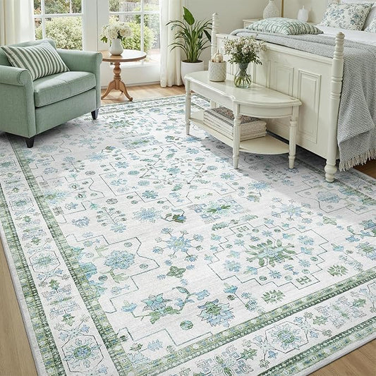 DCX Green 8x10 Rug, Kid & Pet Friendly with Rubber Back Non Slip, Machine Washable Stain Resistant Vintage Boho Floral Rug for Living Room, Bedroom, Soft Low Pile Large Nursery Carpet