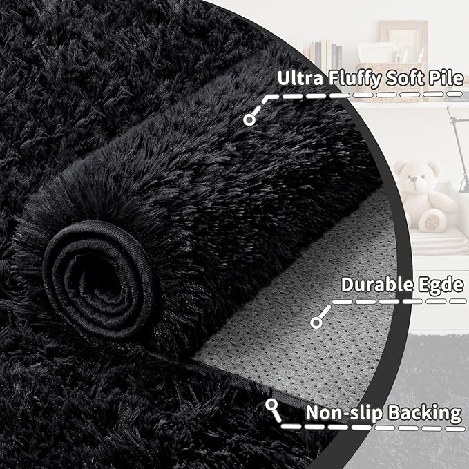 8x10 Area Rug for Living Room: Ultra Soft Fluffy Rug Modern Large Thicked Shag Rug for Bedroom Non Slip Indoor Fuzzy Carpets for Girls Kids Room Nursery Dorm Home Decor Black