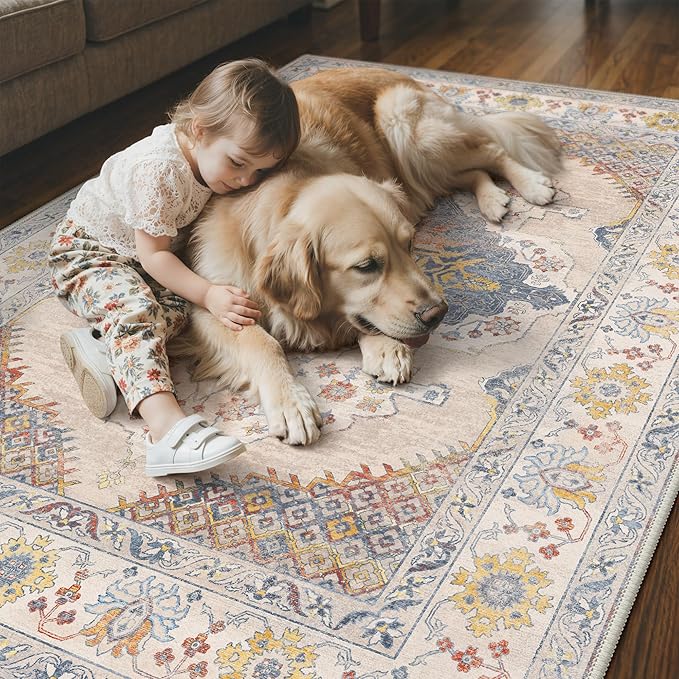 GENIMO Runner Rug 2x5 Non Slip Machine Washable Hallway Runner Rug, Low Pile Lightweight Rugs for Entryway, Hallway, Kitchen and Corridor, Vintage Cream/Blue
