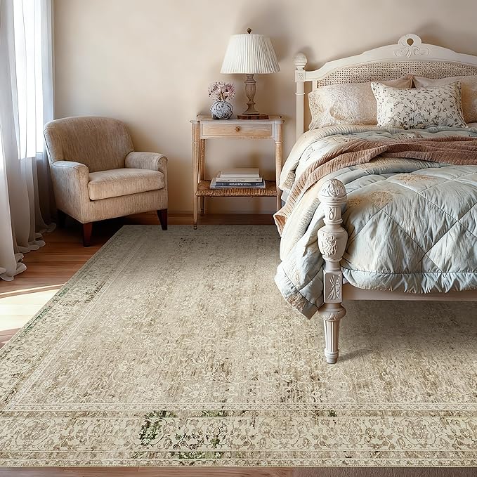 Boho Cream Area Rugs 6x9 for Bedroom Washable Floral Neutral Modern Rug for Living Room,Light Beige and Tan Brown