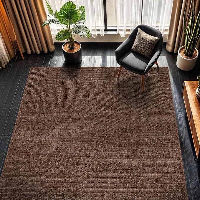 CAMILSON Easy Jute Rug 8x10, Indoor Outdoor Brown Color Fiber Area Rugs for Living Room Patio and Kitchen Rug, Solid Boho Woven Design, Easy-Cleaning, Washable Outside Carpet Alfombras (8 x 10)