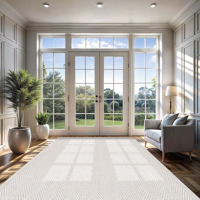 CAMILSON Easy Jute Rug 9x12, Indoor Outdoor Off-White Color Fiber Area Rugs for Living Room and Patio Rug Herringbone Seagrass Boho Woven Design Easy-Cleaning Washable Outside Carpet Alfombras 9 x 12
