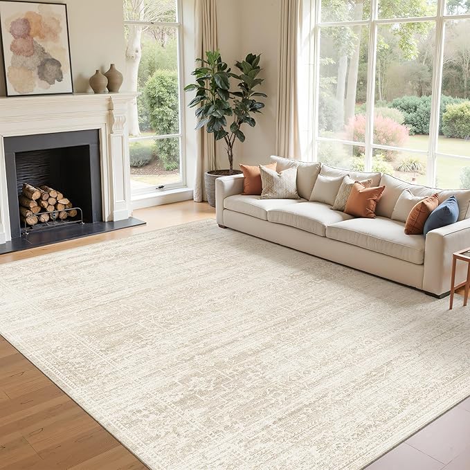 8x10 Area Rugs for Living Room, Washable Vintage Floral Non-Slip Low Pile Natural Rug Soft Throw Large Carpet for Dining Room Bedroom Home Office (Beige/Cream, 8'x10')