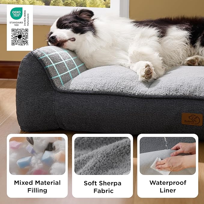 Bedsure SupportMax Orthopedic Dog Beds Large Sized Dog - Extra Thick Supportive Large Dogs Bed with Waterproof Washable Cover, L Plus Comfort Pet Sofa with Soft Sherpa and Nonskid Bottom, Grey, 38"