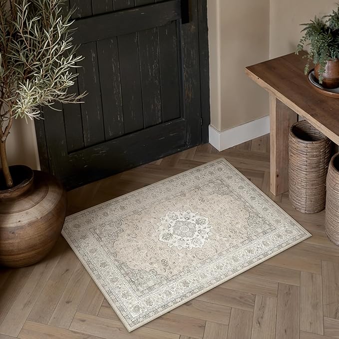 2x3 Neutral Washable Vintage Runner Rug for Living Room Bedroom Beige Brown Soft Non Slip Thin Throw Rug Lightweight Floral Low Pile Distressed Carpet Doormat Kitchen Entrance Hallway Laundry