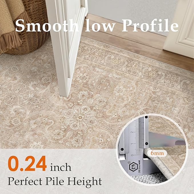 Brown 3x5 Area Rug Entryway Washable Vintage Carpet Office Small Indoor Non Slip Soft Low Pile Thin Stain Resistant Distressed Accent Throw Rug for Entrance Bedroom Dining Living Room
