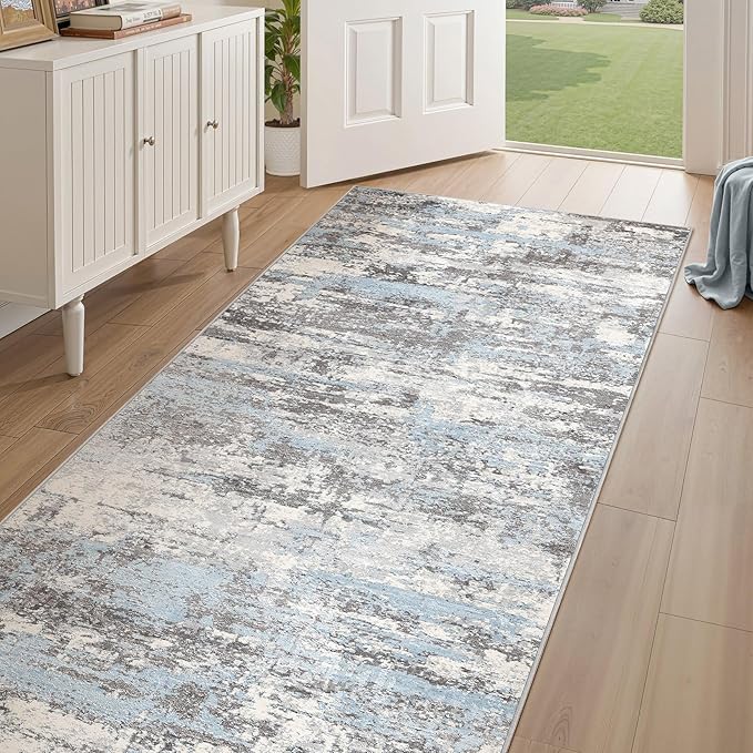 Hallway Washable Runner Rug: 3x12 Abstract Modern Soft Stain Resistant Non-Slip Backing Runner for for Entryway Kitchen Laundry - Blue Grey