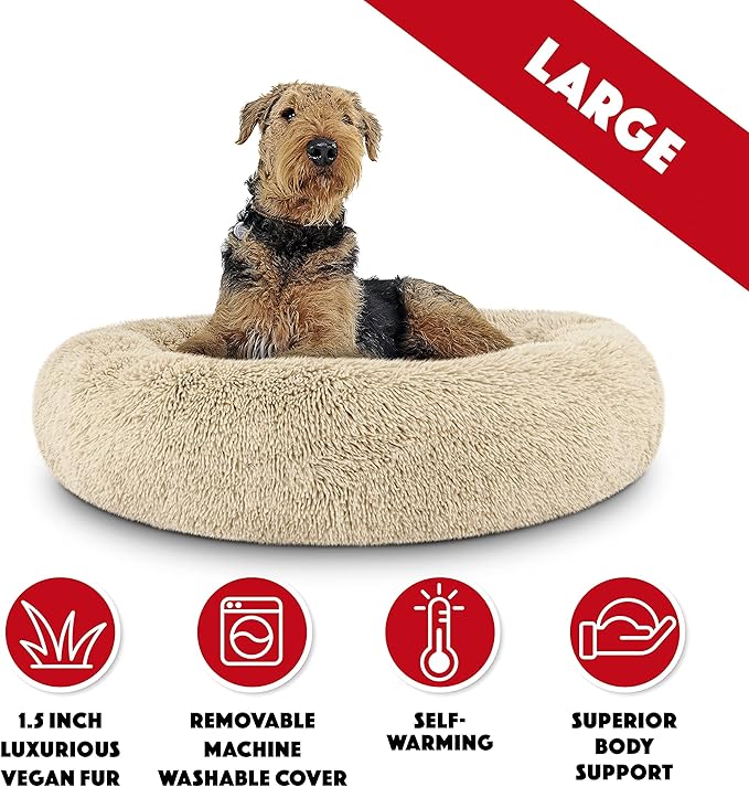 The Dog’s Bed Calming Plush Donut Dog Bed, Replaceable Zip Cover, Beige, Large