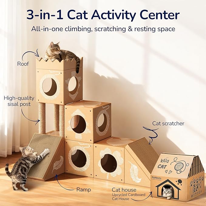 DIY Cardboard Cat House, Multi-Level Cat Tree Tower with Scratching Posts, Scratching Pad, Tunnel & Playhouse for Kittens & Adult Cats, Recyclable 48.8" × 25" × 40.16", Kraft Brown