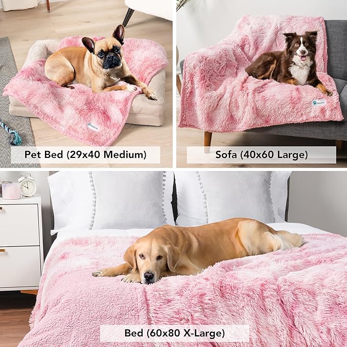 PetAmi Waterproof Dog Blanket for Large Dog, Queen Size Calming Pet Blanket Couch Cover Protector, Sherpa Faux Fur Cat Throw for Sofa Furniture Bed, Soft Fluffy XL, 90x90 Tie-Dye Pink