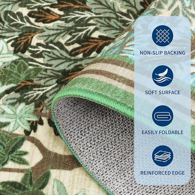 GarveeHome Forest Rugs 5x7, Beige Green Washable Area Rugs for Living Room 5x7, Botanical Low Pile Non Slip Stain Resistance Woodland Rug for Farmhouse, Bedroom, Dining Room