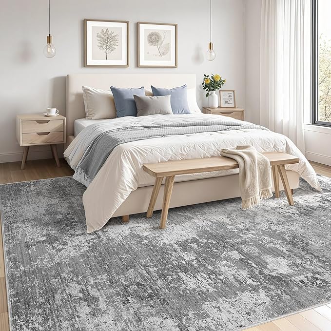 Area Rugs for Living Room: 5x7 Abstract Washable Rug Modern Neutral Large Soft Stain Resistant Non-Slip Backing Machine Table for Bedroom Dining Room Indoor Home Office Carpet - Light Grey