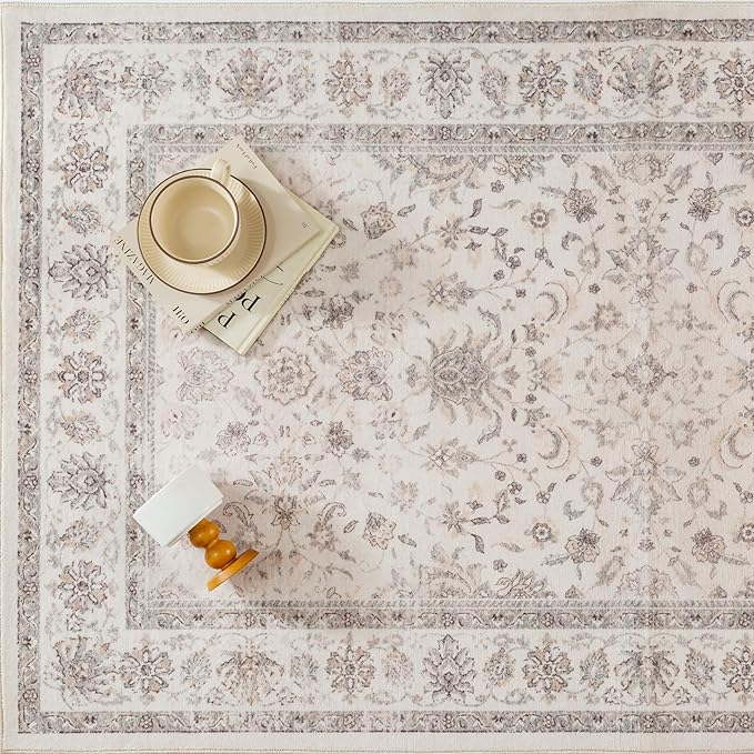 9x12 Area Rug Beige Washable Vintage Carpet Living Room Bedroom Large Non Slip Stain Soft Resistant Low Pile Thin Boho Accent Indoor Throw Rug for Dining Room Office