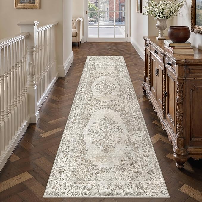 2'6"x14' Runner Rug Beige Washable Hallway Kitchen Bedroom Vintage Distressed Bathroom Non Slip Medallion Floral Carpet Indoor Retro Throw Floor Mat for Office Dining Laundry Living Room