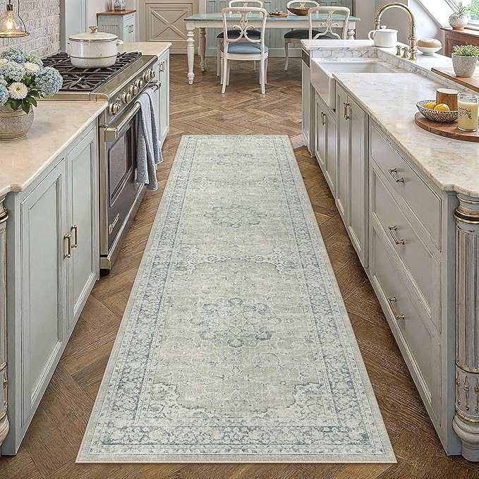 HUGEAR Machine Washable Hallway Runner Rugs 2x8 Vintage Sage Green Neutral Style Non Slip Stain Resistant Low Pile Throw Carpet for Bedroom Kitchen Retro Aesthetic Modern Decor