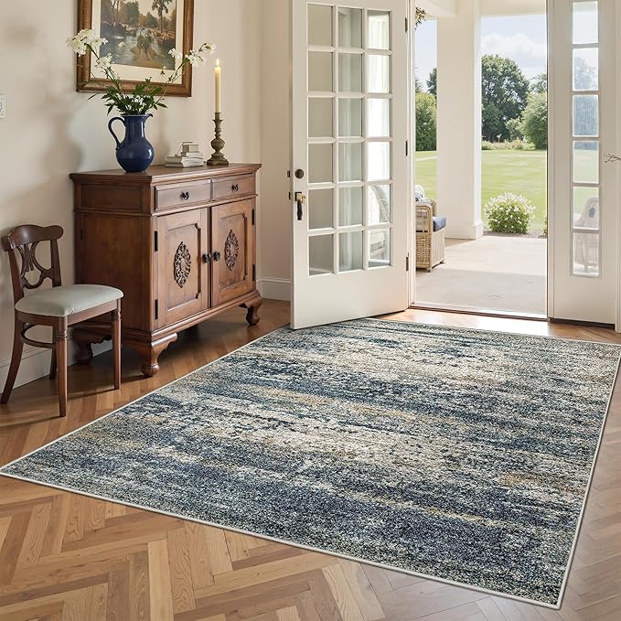 Art&Tuft Washable Rug, Anti-Slip Backing Abstract 3x5 Rug, Stain Resistant Rugs for Living Room, Foldable Machine Washable Area Rug (TPR19-Navy, 3'x5')
