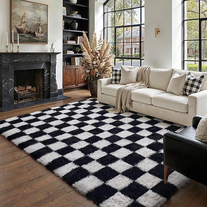 Checkered Rug 5x8 for Living Room, Black and White Modern Shag Rugs Super Soft Washable Indoor Office Fuzzy Carpet Non-Slip Fluffy Rugs for Bedroom Home Aesthetic Decor