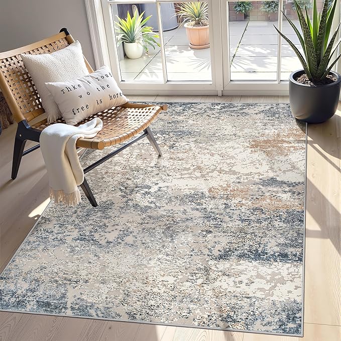Art&Tuft Washable Rug, Anti-Slip Backing Abstract 4x6 Rug, Stain Resistant Rugs for Living Room, Foldable Machine Washable Area Rug (TPR18-Blue, 4'x6')