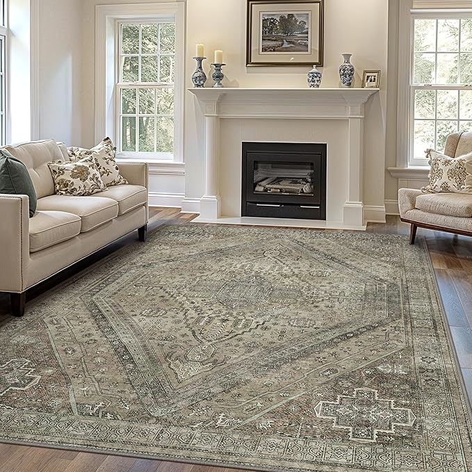 Bavni Washable Rug 6x9 Area Rug for Living Room Bedroom Dining, Washable Vintage Print Carpet, Ultra-Thin Chenille Low Pile Lightweight Rug with Non Slip Backing, Tan