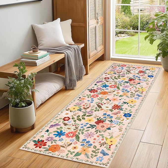 Runner Rug for Entryway: 2x6 Kitchen Rugs Non Slip Washable Ultra-Thin Soft Floral Carpet Indoor Floor Stain Resistant Carpets for Hallway Bedroom Kitchen Laundry Bathroom Dorm Beige