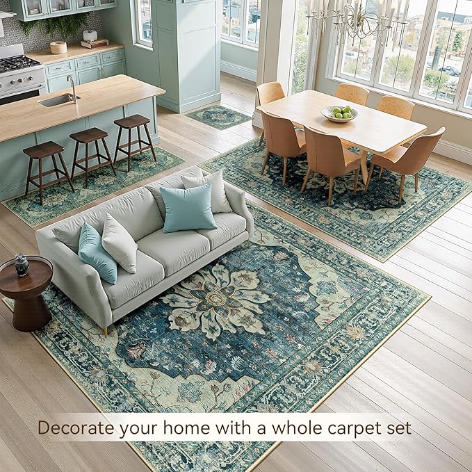 Area Rugs 10'x14' Washable Non-Slip, Floral Vintage Distress Print Pattern Medallion Carpet for Living Room Bedroom Dining Room, Dark Blue Vintage