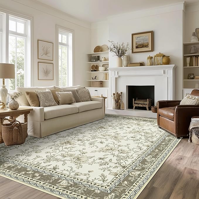 Taupe Boho Living Room Rug 5x8, Washable Low Pile Non Slip Area Rugs for Bedroom, Dining Room, Office, Farmhouse Retro Carpet Indoor Grey Beige Tan Pattern Aesthetic Sketch Style Vintag Room Decor