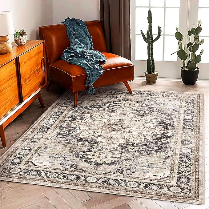 3'x5' Washable Thin Area Rug Black-Purple Khaki Vintage Traditional Floor Cover Foldable Indoor Distressed Non Slip Carpet for Bedroom Living Room Bathroom