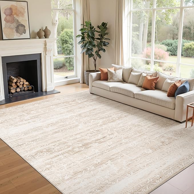 8x10 Area Rugs for Living Room, Stain Resistant Neutral Washable Rugs for Dining Room, Floral Vintage Non-Slip Thin Large Size Area Rug Beige Ivory