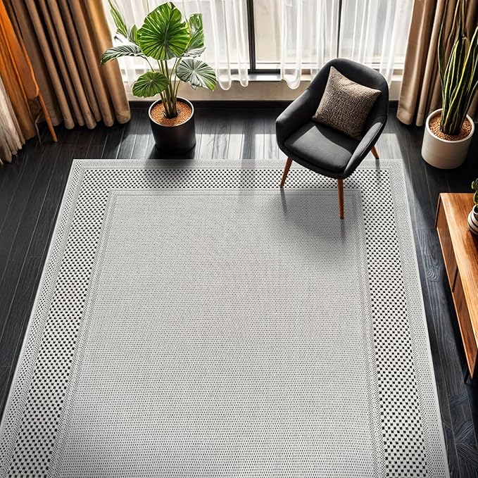 CAMILSON Easy Jute Rug 10x14, Indoor Outdoor Off-White Color Fiber Area Rugs for Living Room Patio and Dining Room Rug, Bordered Boho Woven Design, Easy-Cleaning, Washable Outside Carpet (10 x 14)