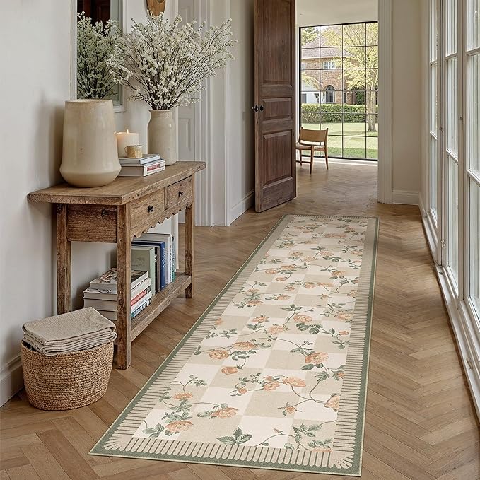 HUGEAR 2x8 Runner Checkered Rugs for Hallways Machine Washable Beige Long Carpet Floral Print Non-Slip Stain Resistant Low Pile Indoor Throw for Entrance Kitchen Bedroom Dining Laundry