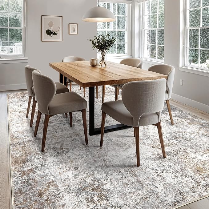 6x9 Area Rug Living Room Rugs - Washable Neutral Modern Abstract Soft Thin Large Rug Indoor Floor No Slip Rug Carpet for Bedroom Under Dining Table Home Office Decor - Brown Grey