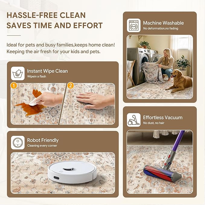 HUGEAR Machine Washable Area Rugs 5x7 Vintage Orange Living Room Bedroom Rug Neutral Style Non Slip Stain Resistant Low Pile Throw Carpet for Home Retro Aesthetic Modern Decor