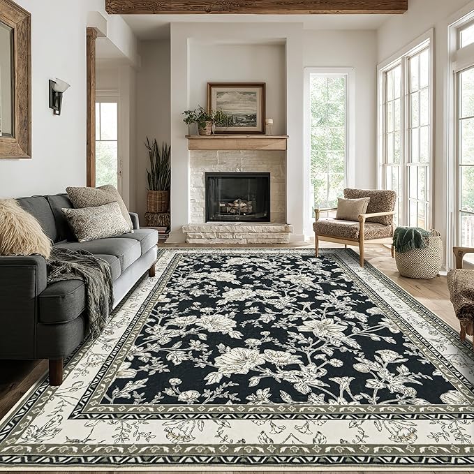 Black Farmhouse Washable 9x12 Area Rugs for Living Dining Room Bedroom Office Kitchen Table Large Rug for Under Table, Beige Cream Taupe Sketch Pattern Floral Vintage Boho Farmhouse Home Decor