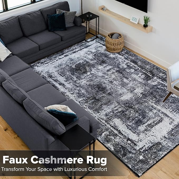 Hudson Comfort 10x12 Area Rug - Faux Cashmere Living Room Carpet - Machine Washable Area Rugs with Anti-Slip TPR Back - Super Soft 6mm Pile Height Pet-Friendly Rugs (Black)