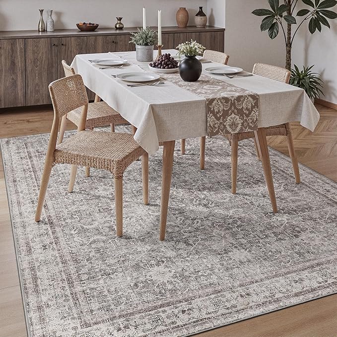 DCX Gray 4x6 Rug, Kid & Pet Friendly with Rubber Back Non Slip, Machine Washable Stain Resistant Vintage Traditional Distressed Carpet, Rug for Living Room, Bedroom, Home Decor