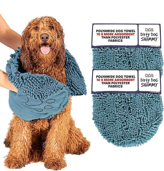 Dog Gone Smart The Dirty Dog Shammy - 2-Pack, Fast Drying Plush Shammy Towel with Dual Hand Pockets and Elastic - Super Absorbent Microfiber and Machine Washable - 31×13 in, Pacific Blue