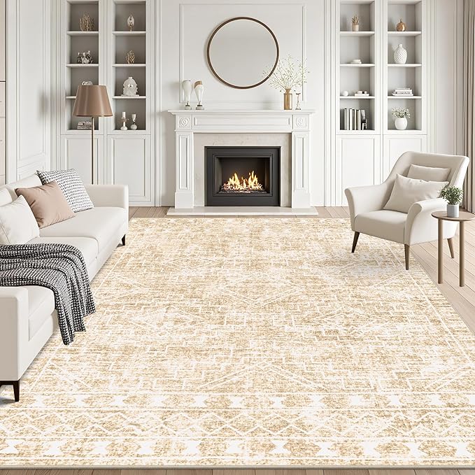 10x14 Area Rugs Living Room Rug: Washable Rug Neutral Lagre Soft Thin Carpet Indoor Floor Non Slip Boho Geometric Moroccan Carpets for Bedroom Dining Room Farmhouse Nursery Office - Beige