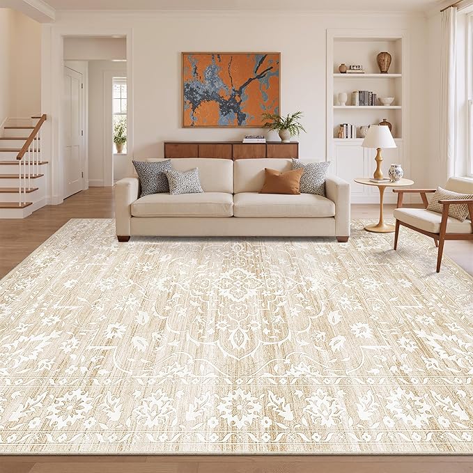 12x15 Area Rugs for Living Room, Stain Resistant Neutral Washable Rugs for Dining Room, Floral Vintage Non-Slip Thin Large Size Area Rug Beige
