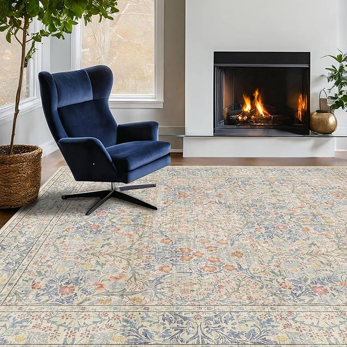 Boho Beige Blue Living Room Rug 6x8 - Vintage Retro Floral Paste Neutral, Washable Low Pile Non-Slip Large Area Rugs for Dining Under Table, Bedroom