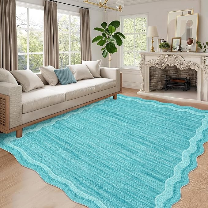 GarveeHome Modern Rug for Living Room 9x12 Large Scalloped Carpet, Non-Shedding Contemporary Easy Cleaning Mats, Solid Color Teal Indoor Rug for Office, Dining Room, Playroom, Bedroom