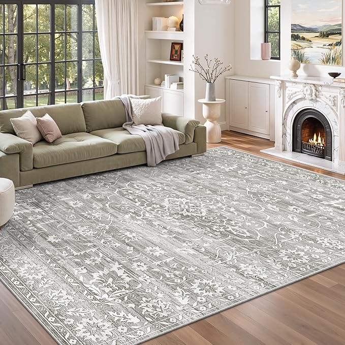 6x9 Area Rugs for Living Room, Stain Resistant Neutral Washable Rugs for Bedroom, Floral Vintage Non-Slip Soft Throw Gray Carpet for Dining Room Farmhouse (Grey, 6'x9')