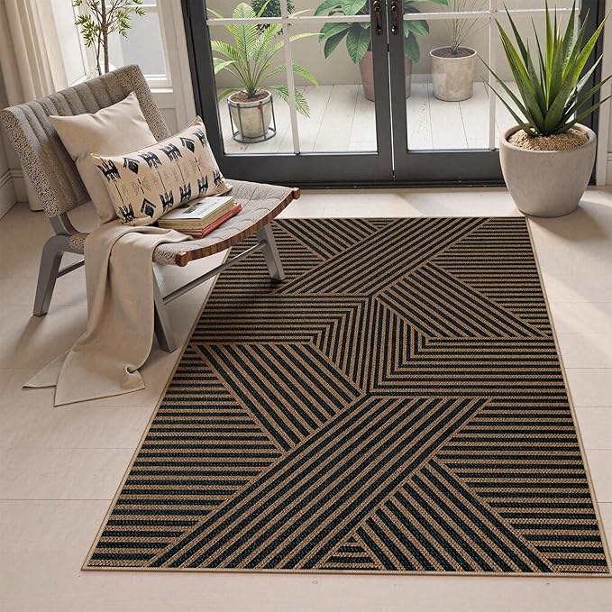 Lahome Modern Geometric Outdoor Easy Jute Rug, 3x5 Indoor Outdoor Rugs for Living Room Black Entryway Carpet, Farmhouse Washable Non Slip Carpet for Patio Courtyard Bedroom