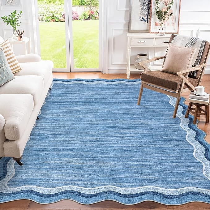 GarveeHome Scalloped Washable Rug 9x12 Area Rugs for Living Room Modern Solid Carpet for Bedroom Abstract Irregular Scalloped Non-Slip Low-Pile Accent Carpet for Farmhouse Dining Room (Blue, 9x12)