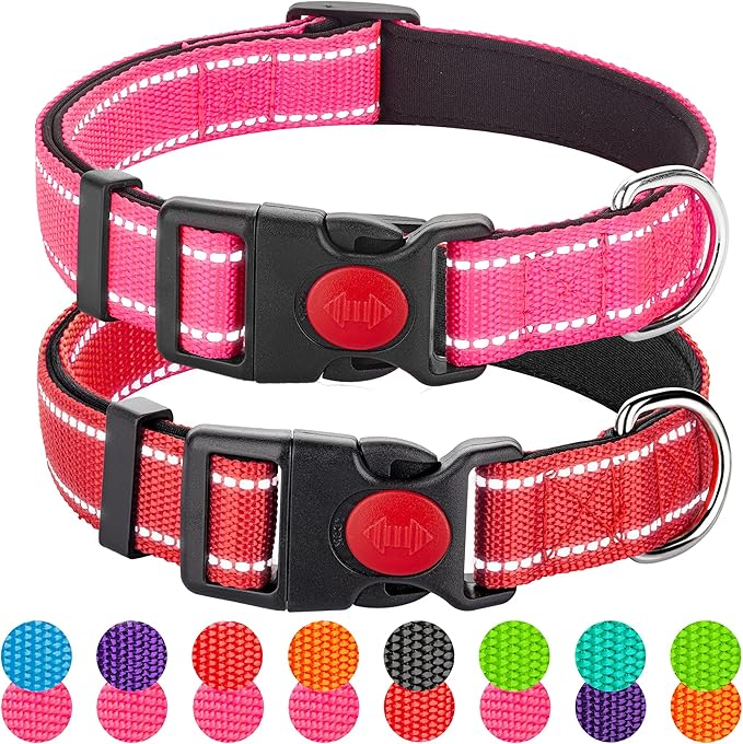 2 Pack Reflective Dog Collars for Medium Dogs Girl Boys,Female Male,Nylon Dog Collars for Puppy Small Large Dogs with Quick Release Safety Buckle, Durable Padded Soft Neoprene Dog Collar,Pink,Red,M