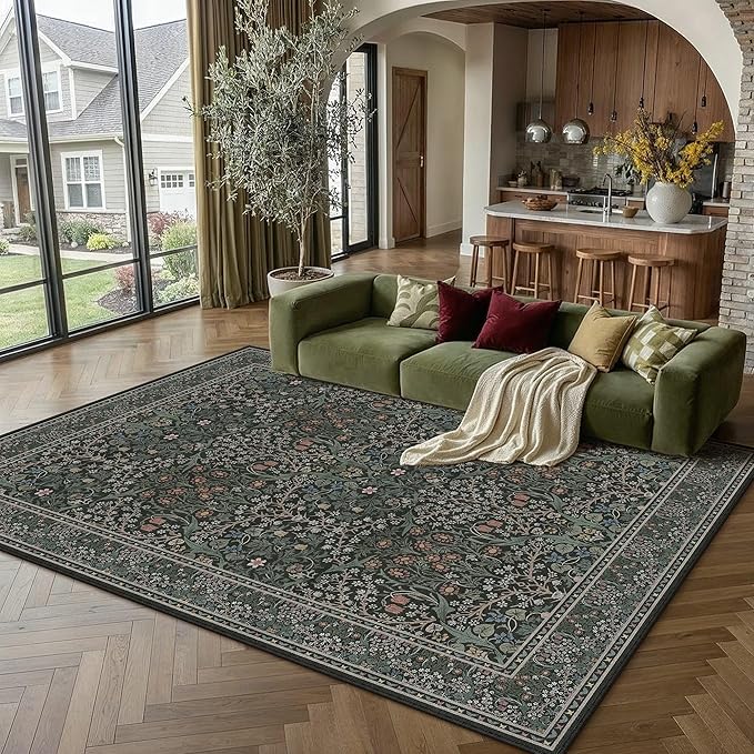 HUGEAR Vintage Floral Machine Washable 8x10 Area Rugs Black Green Living Room Bedroom Rug Retro Neutral Stain Resistant Non Slip Low Pile Throw Carpet for Home Aesthetic Modern Decor